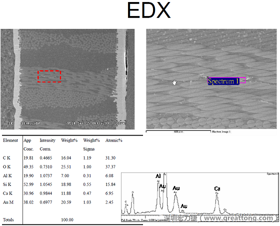 ACF(Conductive Anodic Filament，導墊性細絲物，陽極性玻璃纖維絲漏電現象)。用EDX打出來Au(金)的元素介于通孔與盲孔之間第一個位置。