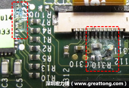 電路板疑似腐蝕氧化，懷疑電流異常過(guò)熱造成