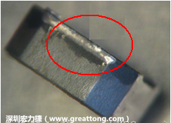 使用錫(Sn)鍍層的電源電感器(Power Inductors)，經過推力測試后，其焊點還保留在零件的端點上，所以推力比較高。