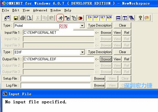 輸出文件類型(Type)選 EDIF。Output File 1 指定輸出文件的文件名和路徑。然后點擊 Run(跑動的小人)。