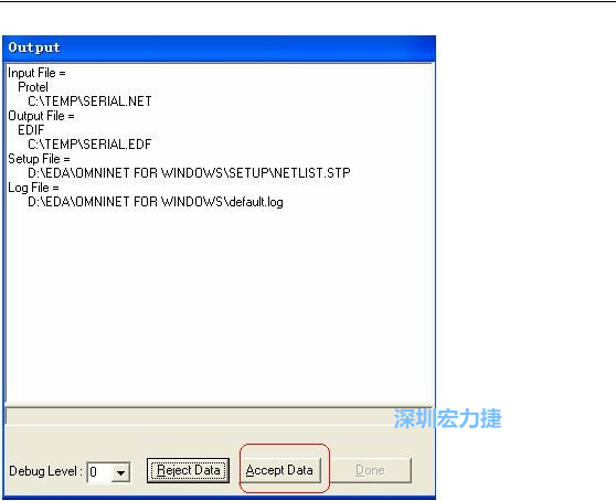 系統彈出一個輸出窗口，點擊 Accept Data。完成后點擊“確定”，再點擊“Done”關閉輸出窗口。退出 Omninet for Windows。