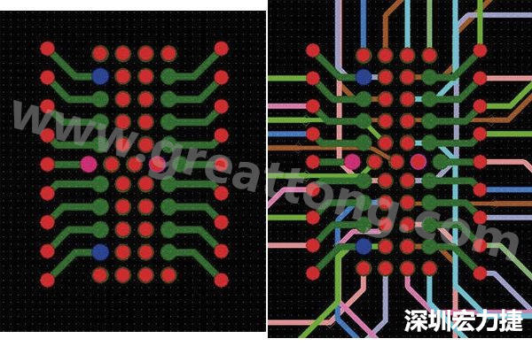 圖7：焊盤內過孔用于內部，而外部接腳在0.5mm閘格上扇出。圖7a顯示的是頂層(左)；圖7b顯示頂層和內部布線層(右)。